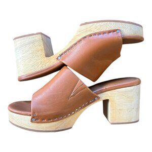 Charlotte Stone Genuine Leather Wood Platform Clogs – Camel, Size 10